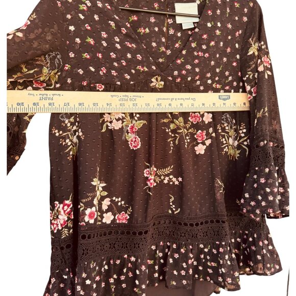 Maeve ANTHROPOLOGIE Small Floral Black Boho Top With Bell Sleeves & Crochet Trim - Picture 9 of 12